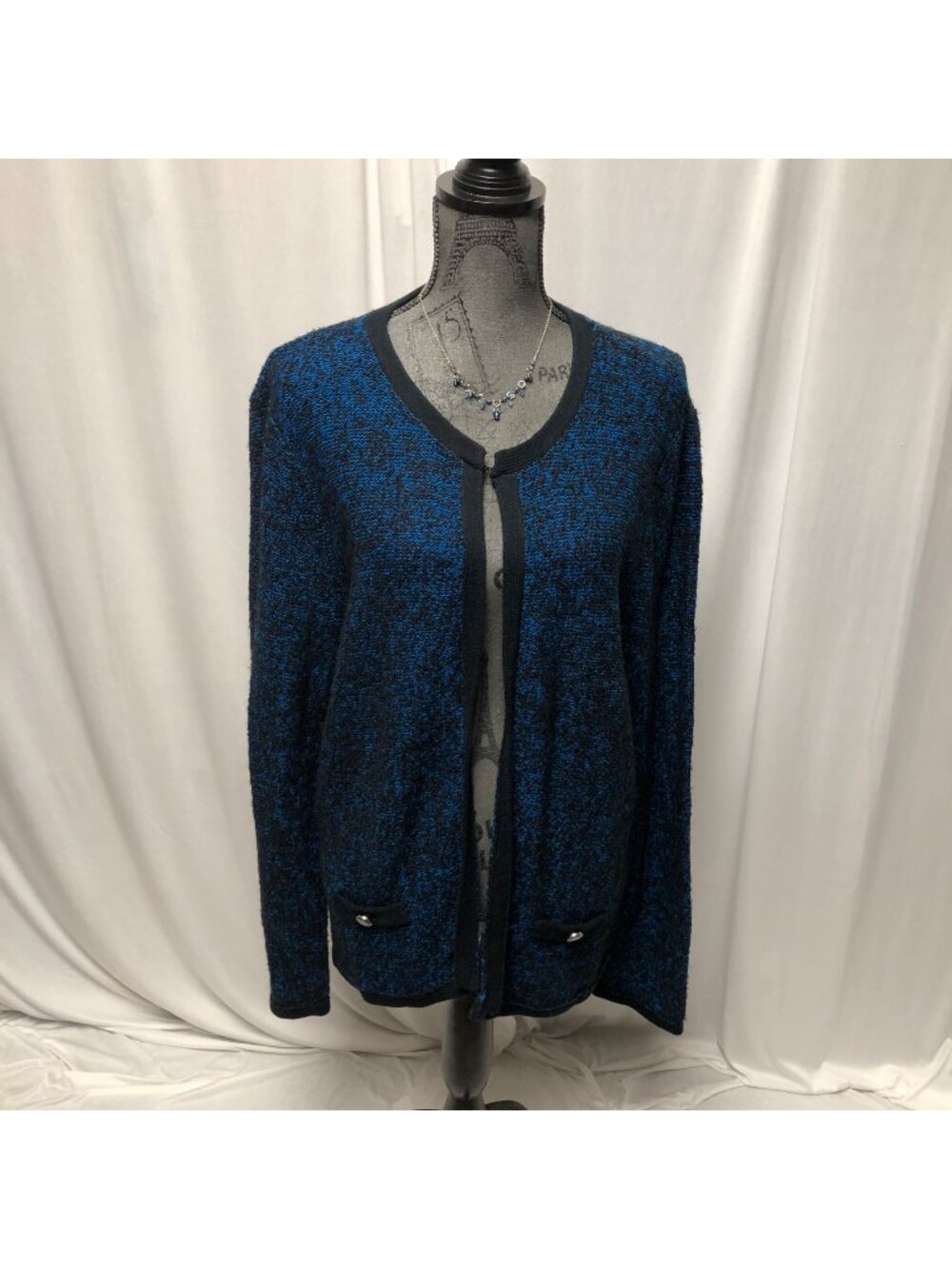 Studio Works Cardigan Womens Size XL Blue Black Cotton Blend Sweater